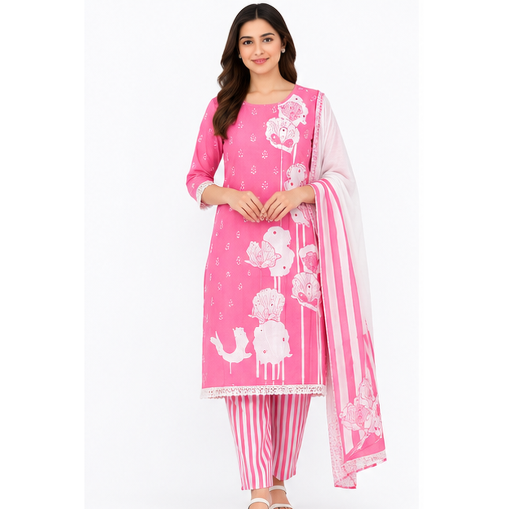 Samarpan Women's Pink Printed Cotton Kurta Pant & Dupatta Set