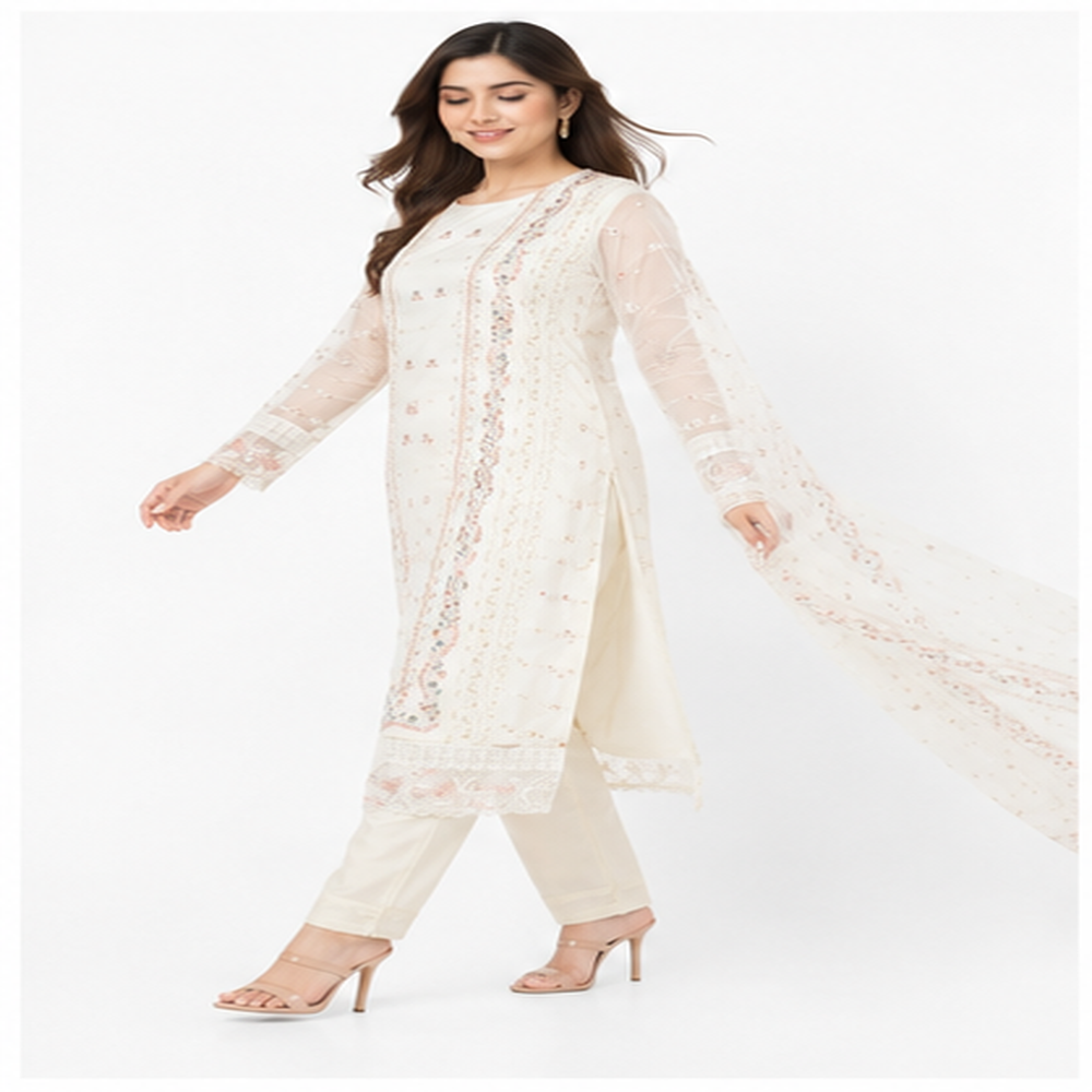 Women's Ivory Organza Embroidered Khatli Work Straight Kurta Set with Organza Dupatta