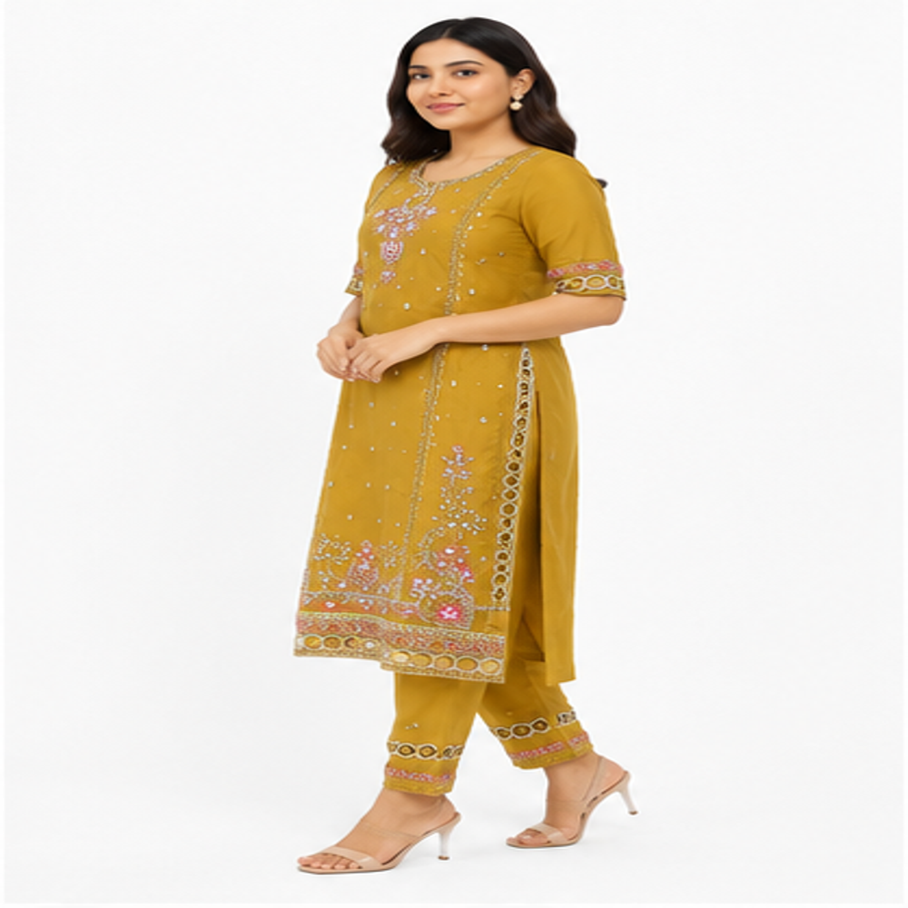 Women's Mustard Organza Embroidered Khatli Work Straight Suit Set with Organza Dupatta