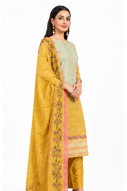 Women's Lawn Cotton Heavy Embroidered Kurta Pant Dupatta Set | 3 Piece Ethnic Suit | Yellow-Green