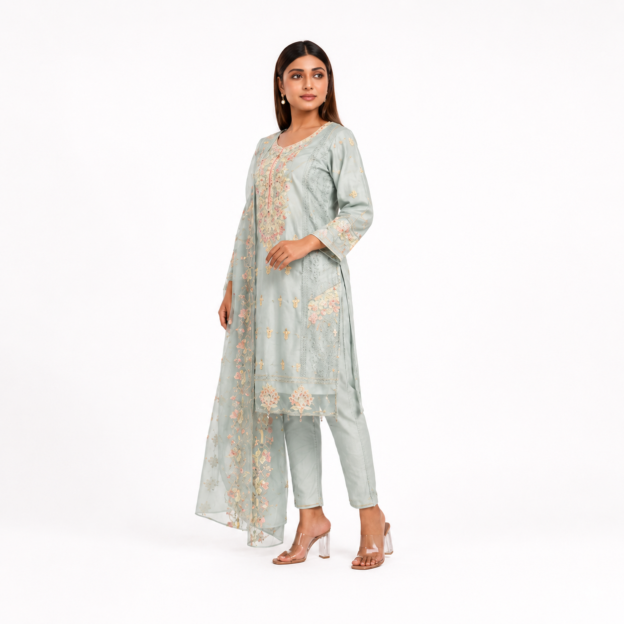 Premium Organza Embroidered Ready-Made Suit Set with Khatli Work & Organza Dupatta