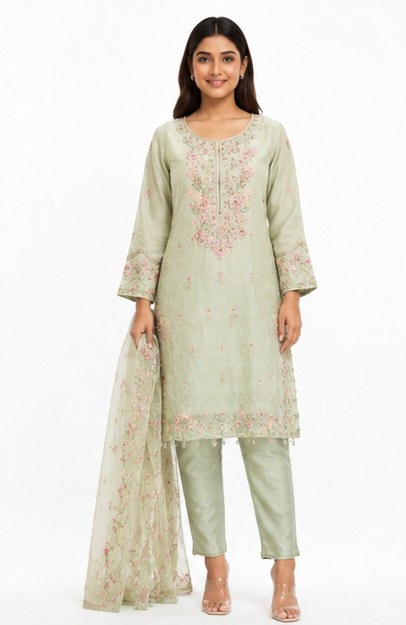 Serene Women's Mint Green Organza Embroidered 3 Piece Suit Set with Khatli Work & Organza Dupatta