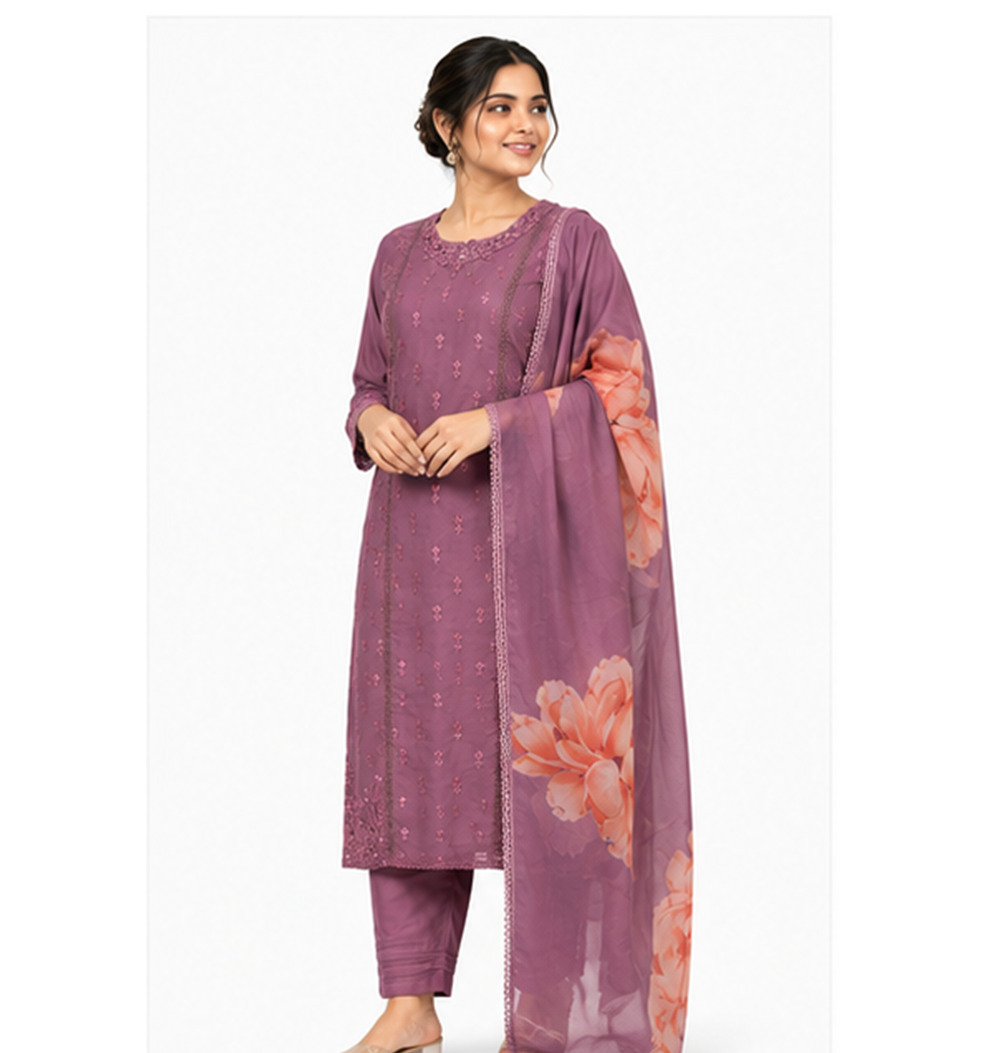 Women's Mauve Heavy Embroidered Georgette Straight Kurta Set with Digital Print Chiffon Dupatta
