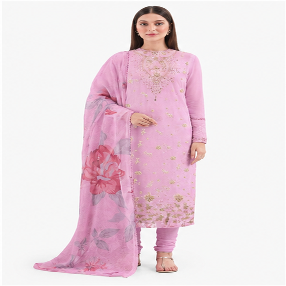 Serene Organza Embroidered Women's Unstitched Suit with Printed Organza Dupatta – Pink