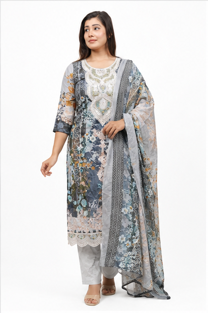Women's Lawn Cotton Heavy Embroidered Kurta Pant Dupatta Set | 3 Piece Ethnic Suit
