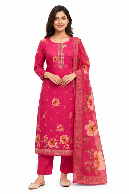 Women's Pink Organza Floral Printed Embroidered Straight Kurta Pant & Dupatta Set
