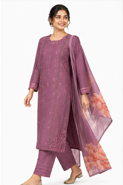 Women's Mauve Heavy Embroidered Georgette Straight Kurta Set with Digital Print Chiffon Dupatta