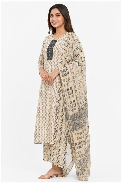 Samarpan Women's Pure Cotton Printed Kurta Pant with Dupatta Set – Cream & Grey