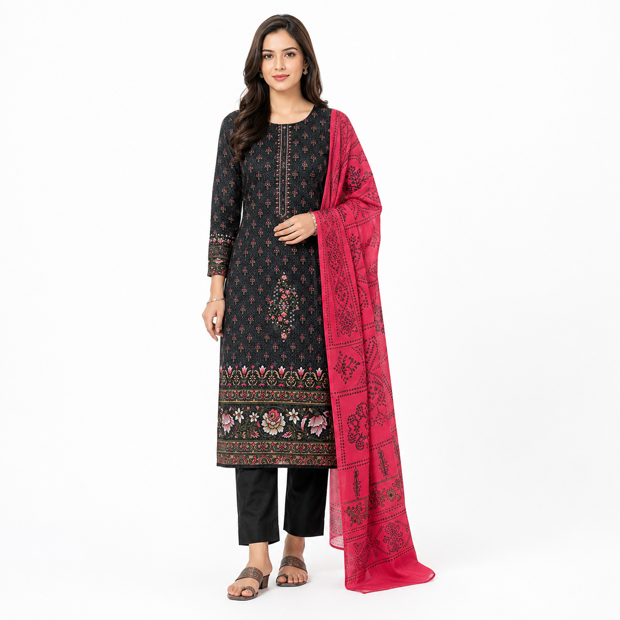 Women's Black Embroidered Cotton Blend Suit Set with Printed Red Dupatta