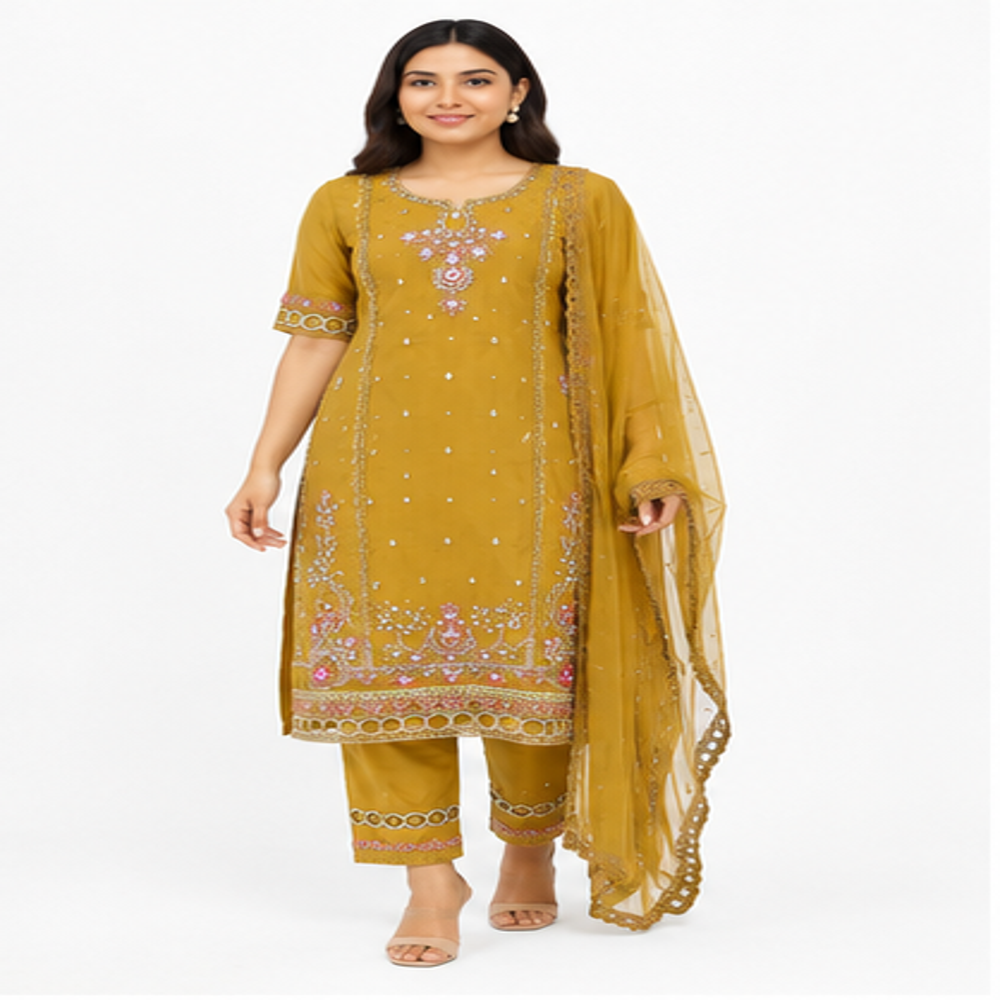 Women's Mustard Organza Embroidered Khatli Work Straight Suit Set with Organza Dupatta