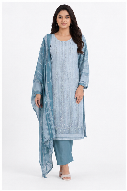 Ibaad Prints Women's Blue Printed Cotton 3-Piece Suit Set with Dupatta
