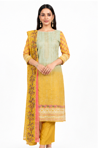 Women's Lawn Cotton Heavy Embroidered Kurta Pant Dupatta Set | 3 Piece Ethnic Suit | Yellow-Green