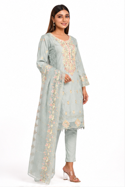 Premium Organza Embroidered Ready-Made Suit Set with Khatli Work & Organza Dupatta