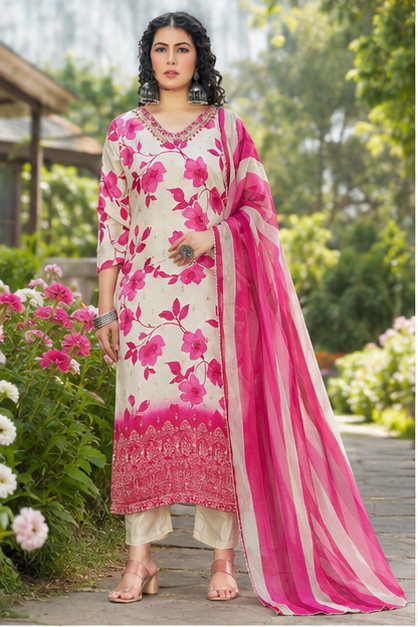 Unigrow Pure Dolla Jacquard Heavy Handwork Women's Unstitched Suit Set with Digital Print Dupatta