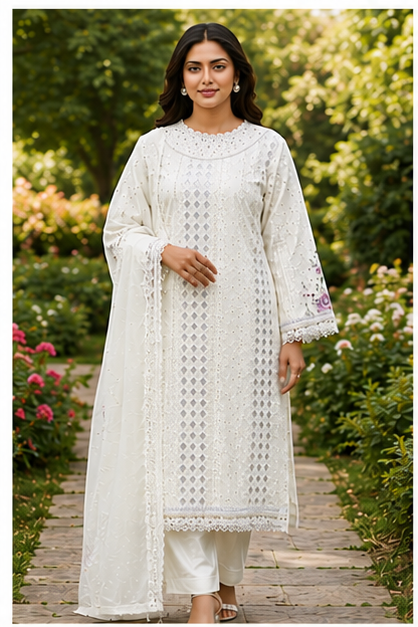 Elegant White Organza Embroidered Women's 3 Piece Suit Set with Organza Dupatta
