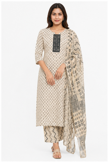 Samarpan Women's Pure Cotton Printed Kurta Pant with Dupatta Set – Cream & Grey