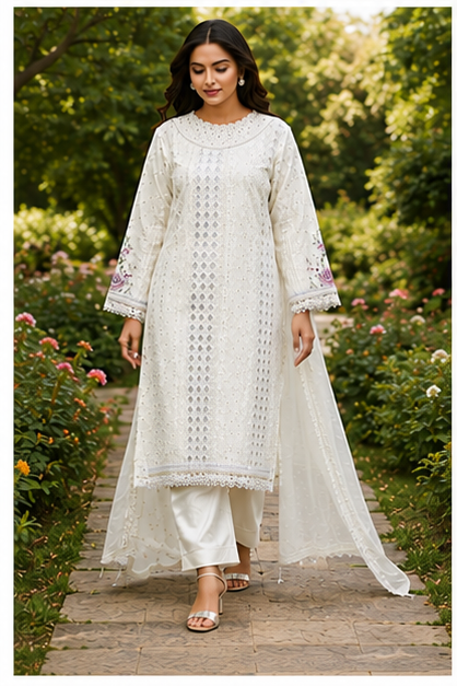 Elegant White Organza Embroidered Women's 3 Piece Suit Set with Organza Dupatta