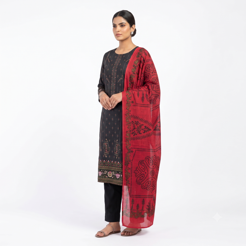 Women's Black Embroidered Cotton Blend Suit Set with Printed Red Dupatta