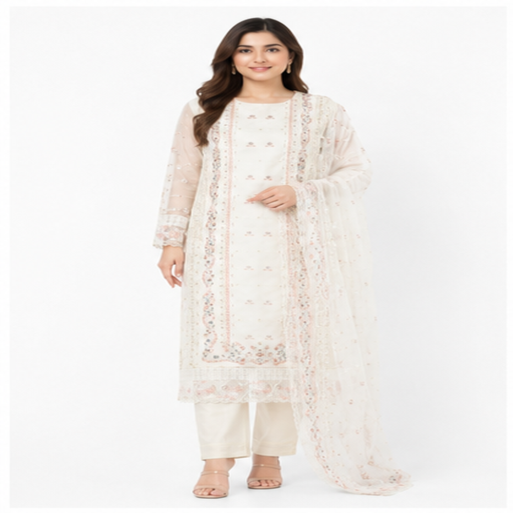 Women's Ivory Organza Embroidered Khatli Work Straight Kurta Set with Organza Dupatta
