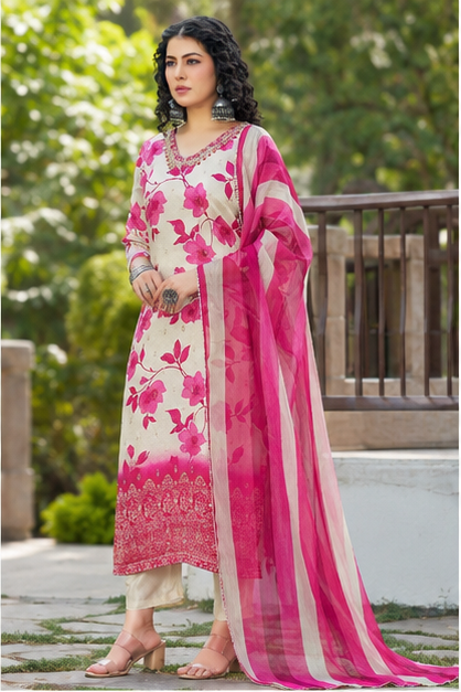 Unigrow Pure Dolla Jacquard Heavy Handwork Women's Unstitched Suit Set with Digital Print Dupatta